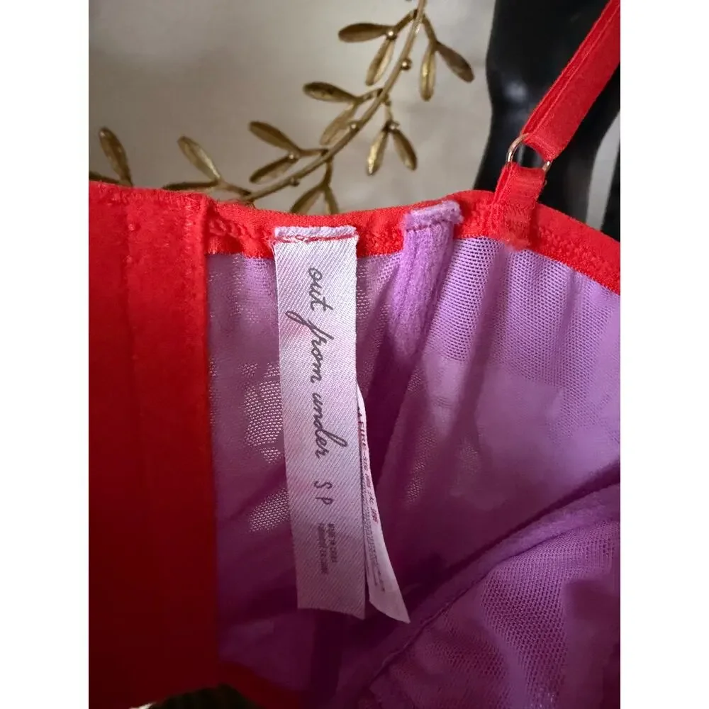 Out From Under Lace Mesh Corset Bustier Top Womens Small Red Underwire Sheer